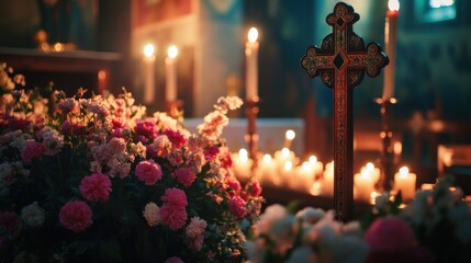 Church altar with flowers, candles, and cross