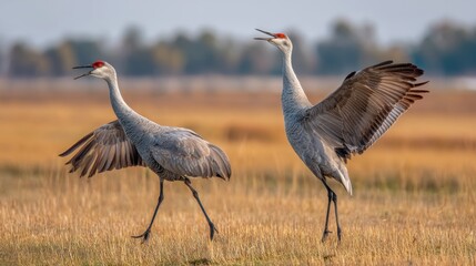 Sandhill Crane Display: Mating Ritual in Autumnal Field