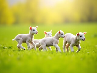 Group of baby lambs joyfully playing in a sunny green field during springtime