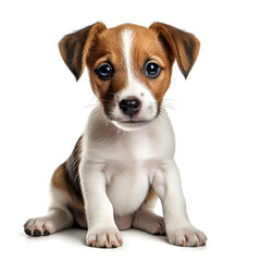 Jack Russell Terrier puppy sitting and looking at camera on white background