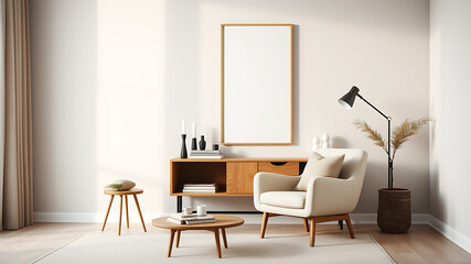 Modern Living Room Interior Design Mockup with Wooden Furniture and Neutral Tones