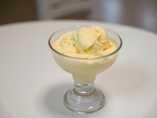 A bowl of ice cream on a table
