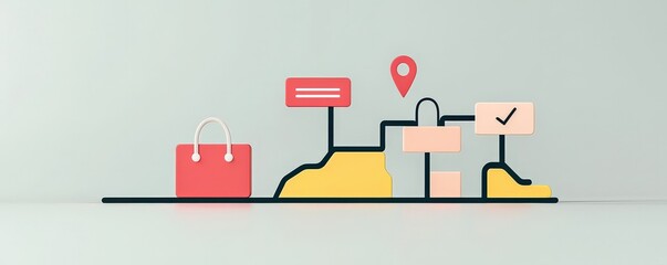 strategic marketing sales strategy trend analysis concept. Colorful icons representing navigation and shopping concepts on a light background.