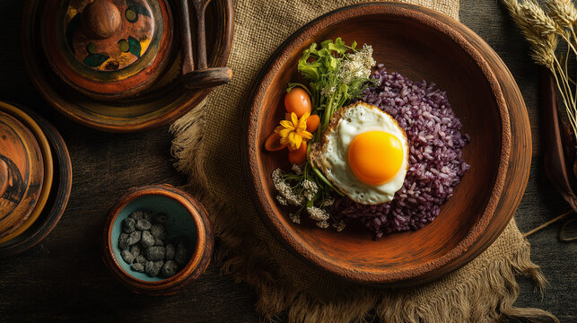 Healthy food, Low Inflammatory, Traditional Thai vegetable soup with herbs, served with boiled egg and purple riceberry. Light, warming, and full of fiber.