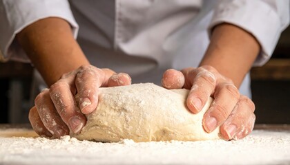 Fototapeta premium Artisan's Touch: Capturing a close-up of hands expertly kneading dough on a floured surface, embodying the artistry and tradition of baking.