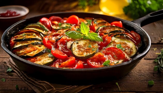 Homemade ratatouille dish with zucchini, tomato and eggplant slices baked in cast iron skillet
