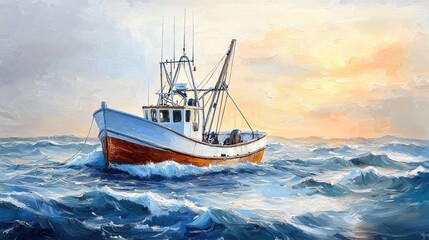 Fototapeta premium A fishing vessel navigating choppy ocean waters at dawn.