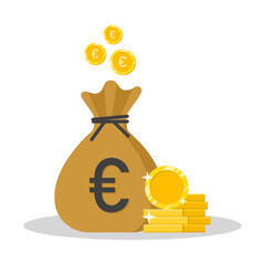 Euro currency money bag with euro symbol gold coins concept vector illustration. Sack with falling coins.