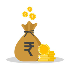 Rupee currency money bag with rupee symbol gold coins concept vector illustration. Sack with falling coins.