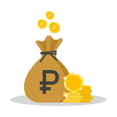 Ruble currency money bag with ruble symbol gold coins concept vector illustration. Sack with falling coins.