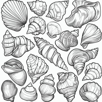 Vector illustration of various seashells in detailed line art