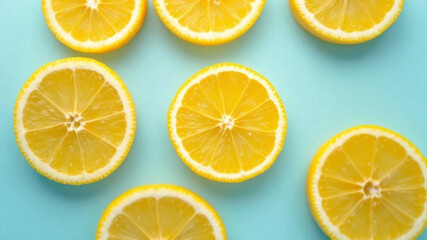Slices of lemons on blue background. 