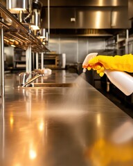 Food safety hygiene regulations. Close-Up of Sanitizing Food Prep Counter with Disinfectant Spray in Professional Kitchen Setting