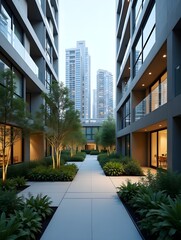 Modern city courtyard, pathway, glass buildings, urban backdrop, real estate