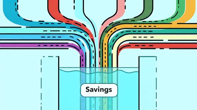 Colorful streams merge into Savings tank abstract animation