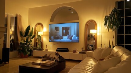 Cozy living room at night, featuring a large screen TV, mirrors, and a light-colored sofa.  Plants and a cat are visible