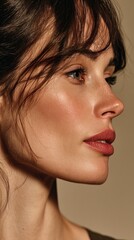 Fototapeta premium Portrait woman with soft makeup, dark hair, neutral background