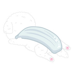 Bichon Frise lying down like rice with a bowl of raw fish covered