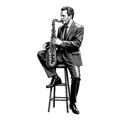 Naklejka premium Man in Suit Playing Saxophone Seated on Stool in Black and White Outline Line Art Drawing