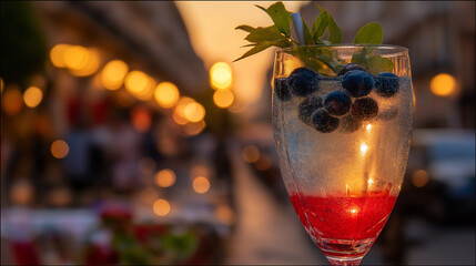 Tricolor cocktail with blueberries and mint in crystal glass, celebrating French National Day with festive elegance.