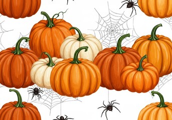 Autumn Harvest Pumpkins and Spiders - A delightful arrangement of orange and white pumpkins interspersed with spiderwebs and spiders, perfect for autumnal decorations