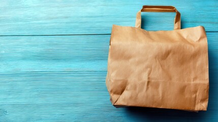 a brown paper bag on a blue wooden background, top view. Web banner with copy space