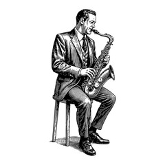 Naklejka premium Man in Suit Playing Saxophone Seated on Stool Black and White Outline Line Art Drawing