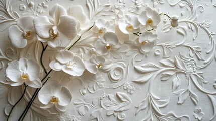 A textured white wall panel featuring floral and vine designs, creating an elegant aesthetic in interior design.