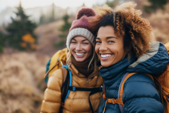 Vibrant and adventurous middle aged interracial lesbian couple joyfully exploring great outdoors while hiking together    