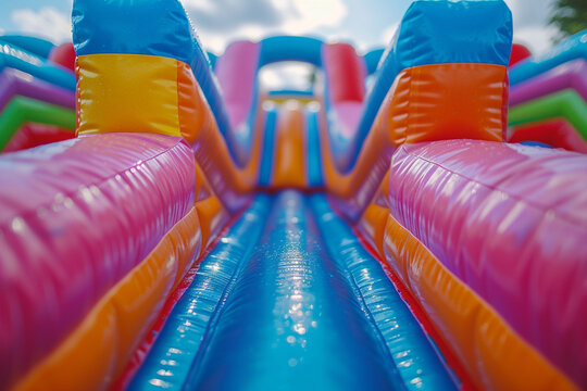 vibrant and lively bouncy castle, adorned with a multitude of eye-catching colors, provides an exhilarating outdoor experience for children and adults alike, all thanks to wonders of AI technology    