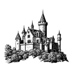 Obraz premium Medieval Castle on a Hill with Trees Black and White Outline Line Art Drawing Vintage Style