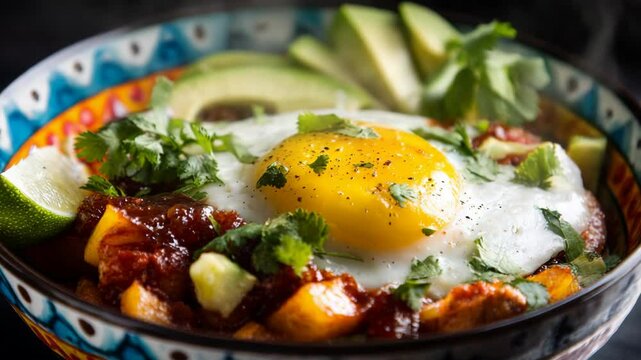 Delicious breakfast bowl with a fried egg, potatoes, avocado and fresh herbs in a colorful bowl
