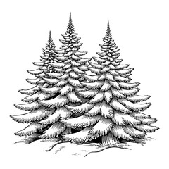 Obraz premium Snow Covered Fir Trees Classic Etching Engraving Black and White Outline Line Art Drawing