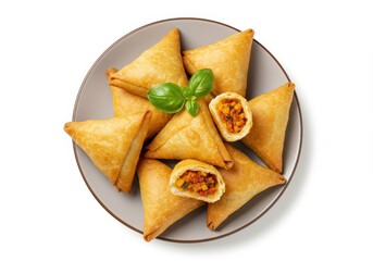 Golden samosas filled with vegetables served on a plate with basil garnish