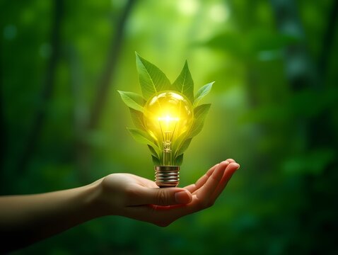 A hand holding a glowing light bulb covered in leaves, Green junggle background, Symbolizing green innovation and sustainable technology