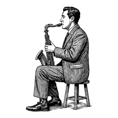 Naklejka premium Man in Full Suit Playing Saxophone Seated on Stool Side View Engraving Style Black and White Outline Line Art Drawing