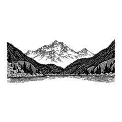 Detailed Scenic Mountain Landscape with a Lake in the Foreground Black and White Outline Line Art Drawing