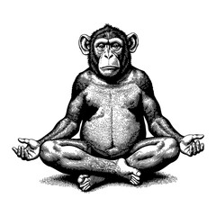 Fototapeta premium Full Body Monkey Meditating Sitting Cross Legged Serious Face Black and White Outline Line Art Drawing