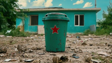 Teal Reusable Cup with Red Star in a Littered Outdoor Area