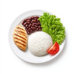 Plate with chicken rice and beans isolated on white background