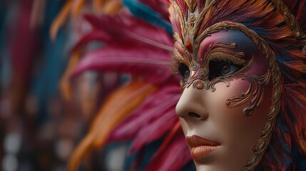 Naklejka premium Mysterious Masquerade: Close-up of a person adorned in an elaborate masquerade mask, vibrant colors and ornate detailing, exuding an aura of mystery and elegance.