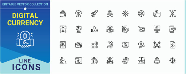 Digital Currency icon collection. Featuring coin, investment, tech, bank, crypto, economy and more. Bitcoin icon pack. Minimal icons set. Editable stroke. Vector collection.