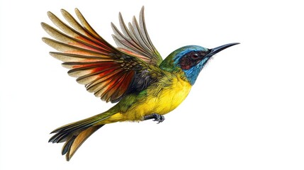 Vibrant small bird in flight against a plain background.