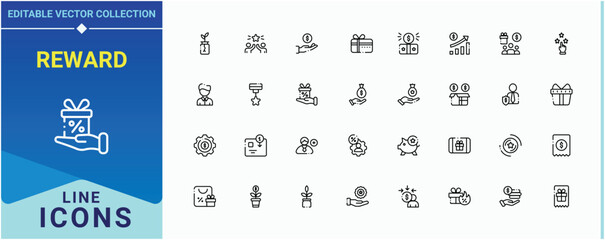 Reward linear icon set. Pack of benefit, coupon, credit, win, award, gift, discount and more. Bonus icon pack. Thin outline icons pack. Art and illustration.