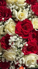 Red and white roses arranged in lush bouquet, roses symbolizing love and admiration, delicate baby...