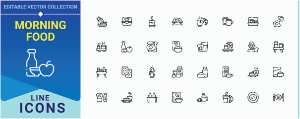 Morning Food icon set. It contains symbols to meal, tea, food and more. Breakfast icon. Minimalist editable vector stroke. Editable stroke. Pixel Perfect.