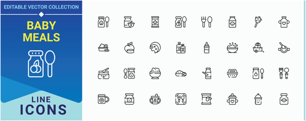 Baby Meals line icon set. Featuring baby, food, meal, babies product, baby food and more. Babies Food modern icon set. Icons for UI designs. Pixel perfect. Editable stroke.