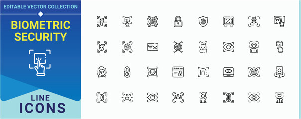 Biometric Security icon set. Contain linear symbols security, bio, privacy, identity, recognition, scan and more. Biometric icon collection. Modern linear icons. Editable stroke. Pixel Perfect.