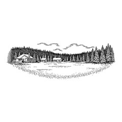 Beautiful Winter Landscape Scene with House Trees Field Black and White Outline Line Art Drawing