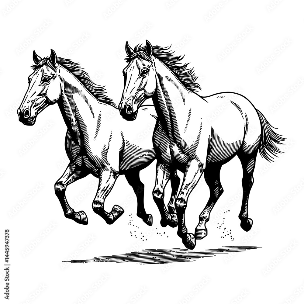Wall mural dynamic two horses running powerfully side by side in black and white outline line art drawing illus